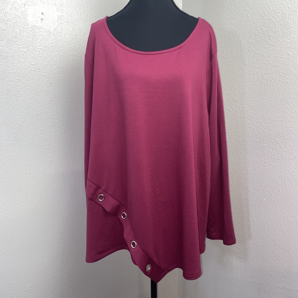 High Fifth Blouse Woman's 3X‎ Magenta Keyhole Accent 3/4 Sleeve Asymmetrical